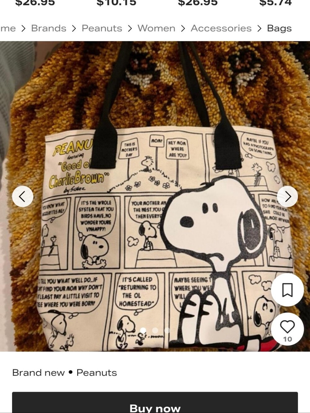 Peanuts Canvas Tote Bag in White and Black with Comic Strip Print